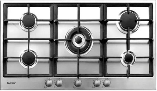 Candy PG952/1SXGH Serie Pop Plan Piano Cottura 5 Fuochi a Gas 90 cm Griglie in Ghisa (1 Bruciatore Tripla Corona) colore Inox